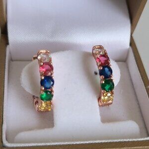 Gorgeous Vintage Rose Gold Rainbow Gemstone Crystal Hoop Earrings Multicolour